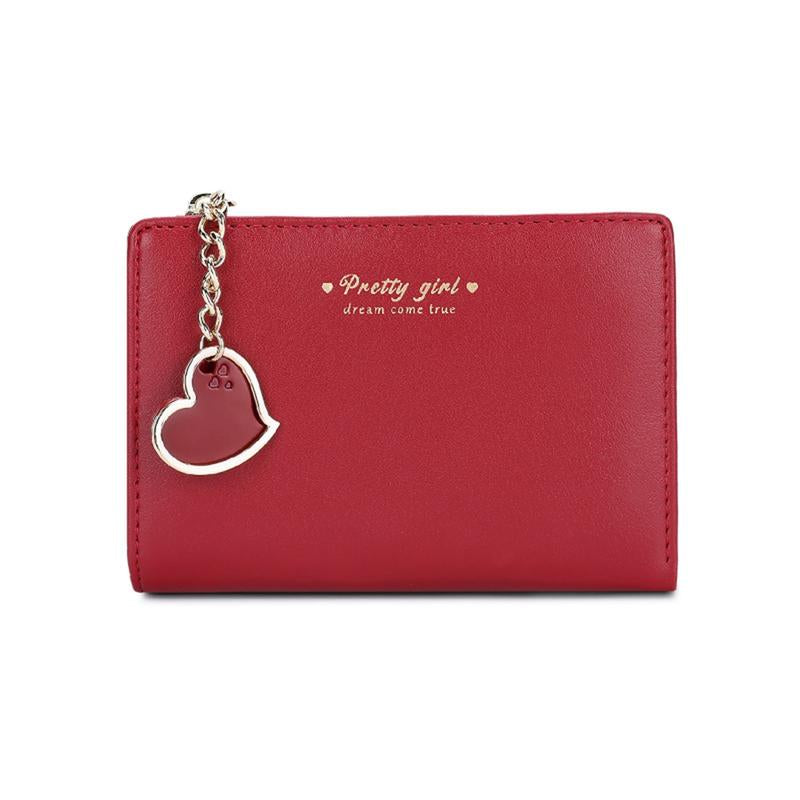 Small Wallet Heart Charm Bifold Wallet Zipper Pocket Cash Card Holder Coin Purse for Women Girls