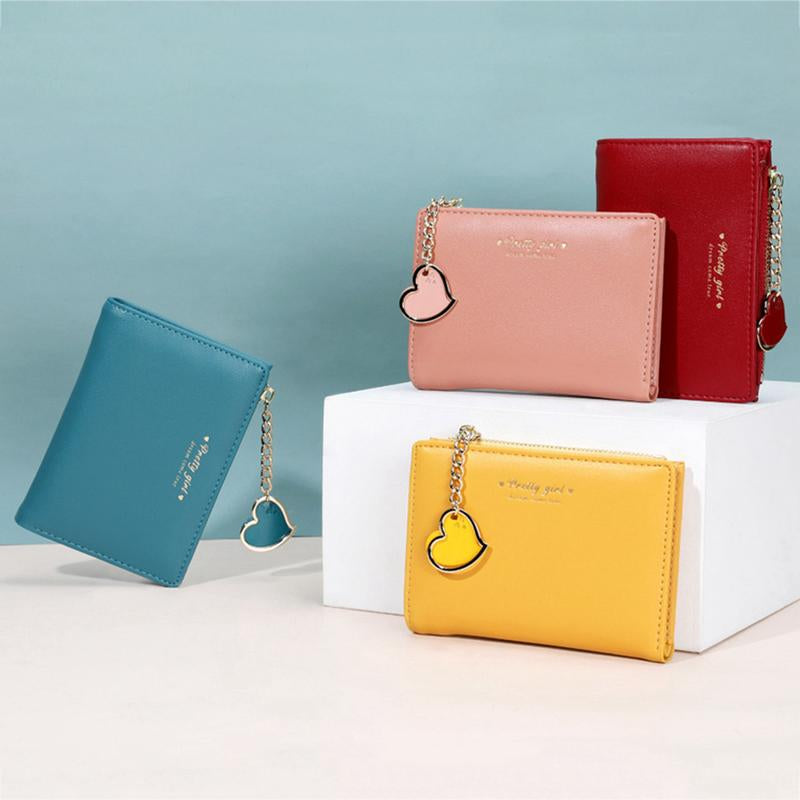 Small Wallet Heart Charm Bifold Wallet Zipper Pocket Cash Card Holder Coin Purse for Women Girls