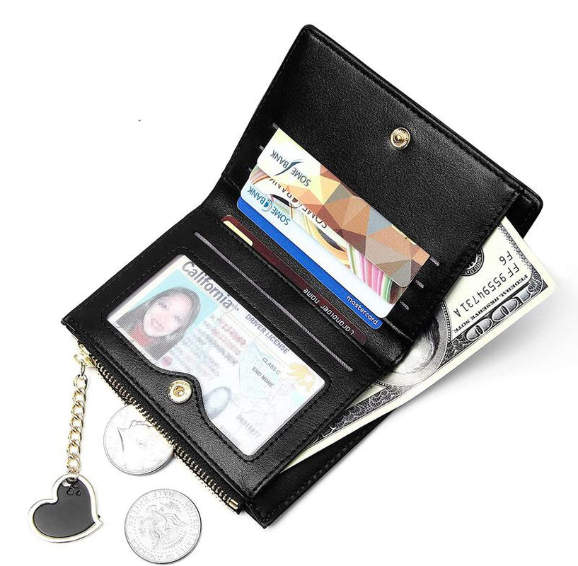 Small Wallet Heart Charm Bifold Wallet Zipper Pocket Cash Card Holder Coin Purse for Women Girls