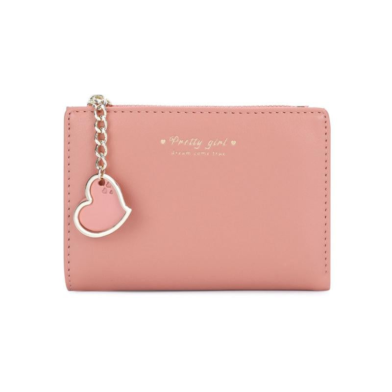 Small Wallet Heart Charm Bifold Wallet Zipper Pocket Cash Card Holder Coin Purse for Women Girls