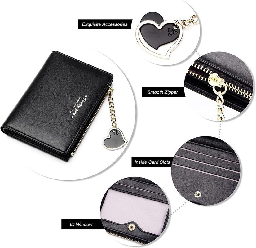 Small Wallet Heart Charm Bifold Wallet Zipper Pocket Cash Card Holder Coin Purse for Women Girls